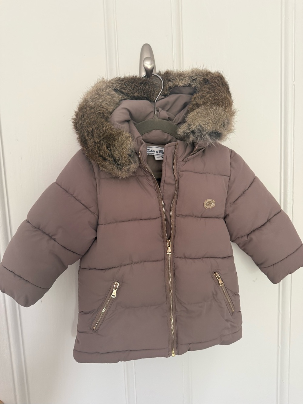 Tartine et Chocolat Taupe Quilted Baby Puffer with Real Fur Trim